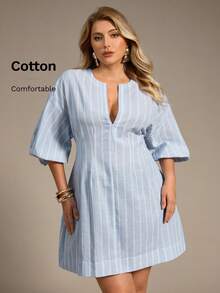 Auralis 大码女式白色连衣裙，中袖连衣裙，度假装扮，休闲连衣裙，端庄连衣裙，迷你裙，外出连衣裙，可爱连衣裙 - 藍白色 - 查看 7