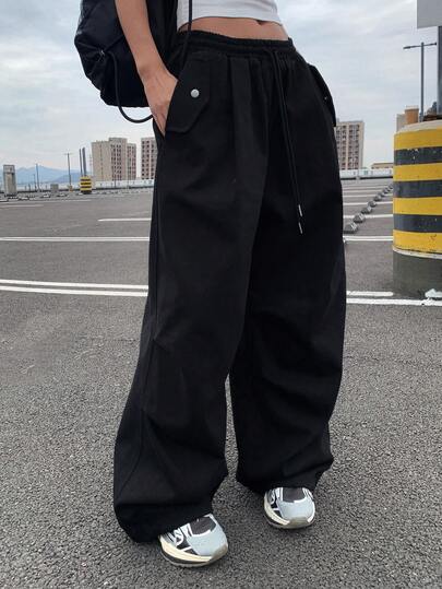 DAZY 女士宽松口袋抽绳腰休闲街头裤，纯色，秋冬Y2K风格