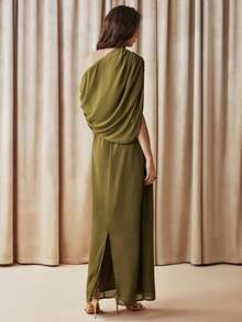 Arave Asymmetric Ruched Flowy Maxi Dress New Year - Olive Green - View 3