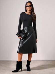COSMINA Damen eleganter, moderner Pendler-Lederrock aus PU-Leder mit mittlerer Taille und mittlerer Länge in A-Linie, vielseitig einsetzbar für den Arbeitsweg, Büro, Ausflüge, Alltagskleidung, Dates, Valentinstag, Weihnachten - Schwarz - Übersicht 3