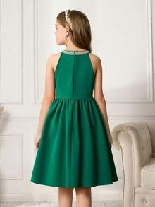 Girls' Sleeveless Dress With Spaghetti Straps, Green Pleated Skirt, Gold Trim Collar And Waistband, Fashion Elegant Dress For Casual Wear And Parties, Spring/Summer Halter Neck Green Dress Green Dress For Girl Girls Special Occasion Dress Emerald Green Elegant Girls Dress Tween Formal Green Dress - Green - View 2