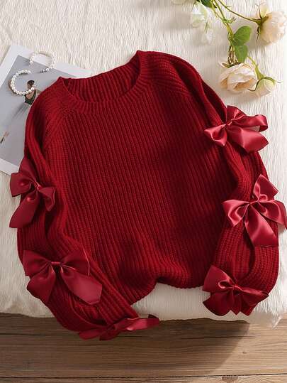 CosyJoli 加大码宽松针织毛衣，镂空蝴蝶结装饰，可爱仙女风格，秋季，杏色