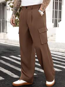 Manfinity CasualCool 男士西装裤，高端新款设计，垂褶西装裤，设计师时尚休闲黑色简约商务裤，棕色褶裥西装裤 - 棕色 - 查看 4