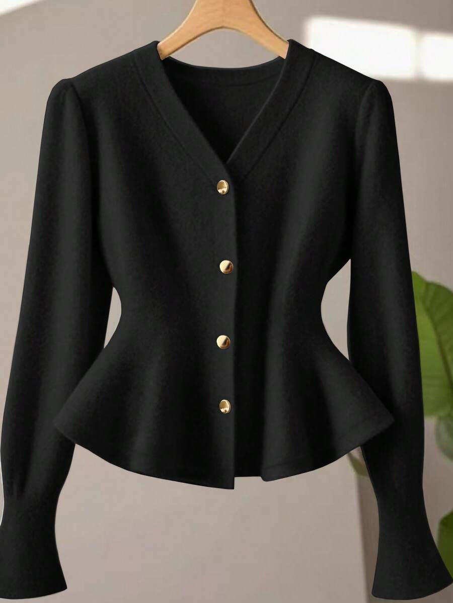 GlowEve V-Neck Metal Button Waist Ruffle Hem Extra Long Sleeve Women Cardigan - Black - View 1
