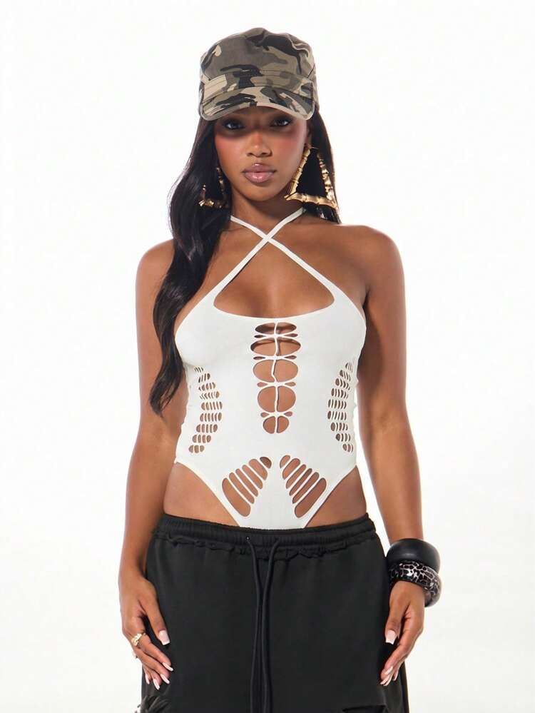 SUMWON Halter Neck Bodysuit With Laser Cut Detail And Cross Back Straps For Festival Wear