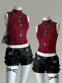 EgrlEra Women's Fashionable Wine Red Camisole,Sparkly Top - Burgundy - View 8