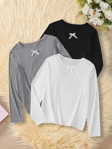 3pcs/Set Teen GirlWhite, Gray, Black Solid Color Long Sleeve Undershirt With Bow Decor - Multicolor - View 11