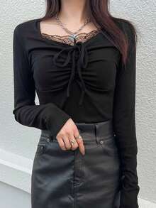 FRIFUL Áo thun nữ buộc dây ren trơn màu thanh lịch, mùa thu - màu đen - Xem 2