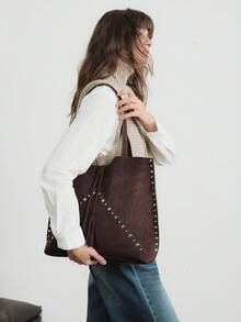 SHECARRY Ladies Large Capacity Suede Rivet Trim Shoulder Tote Bag - coffee color - View 8