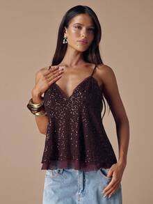 SHEIN BAE 秋冬纯色性感深V领深棕色亮片吊带女上衣，亮片女式吊带背心，秋冬汗衫，派对鸡尾酒会场合 - 棕色 - 查看 4