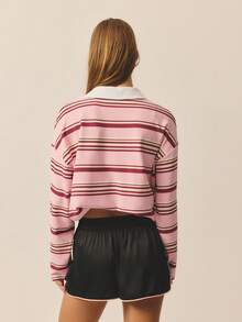 Aralina 女士休闲缎面运动裤，侧边撞色条纹设计，非常适合夏季、海滩和派对穿着。 - 黑色 - 查看 5