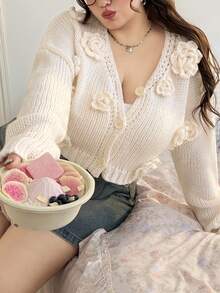 Comfortcana 大码休闲圣诞手工花卉V领落肩长袖纽扣针织开衫 - 米色 - 查看 10