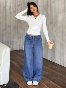 SHEIN PETITE Women's Pocket Button Casual Versatile Commuting Wide-Leg Jeans - Blue - View 7