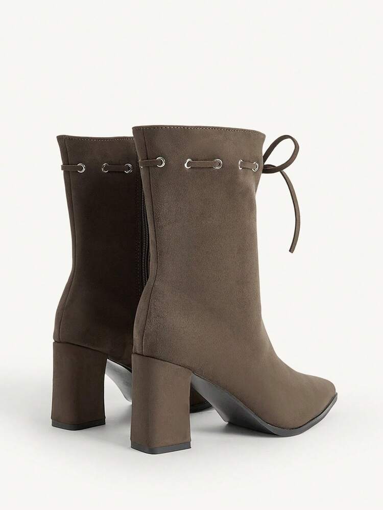 CUCCOO CHICEST Women's Pointed Toe Chunky Heel Mid-Calf Boots, Bowknot Lace-Up Design, Elegant Commuter Style, Versatile Brown & Green Faux Suede, Suitable For Work, Dates, Afternoon Tea, Christmas, Spring
