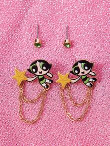 THE POWERPUFF GIRLS X SHEIN 一套锌合金卡通图案耳钉，休闲可爱畅销款，适合派对、音乐会、节日等场合。 - 金色 - 查看 2