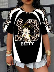 Betty Boop x SHEIN Plus Size Summer Casual Patchwork Leopard Print Cartoon Pattern Round Neck Short Sleeve T-Shirt