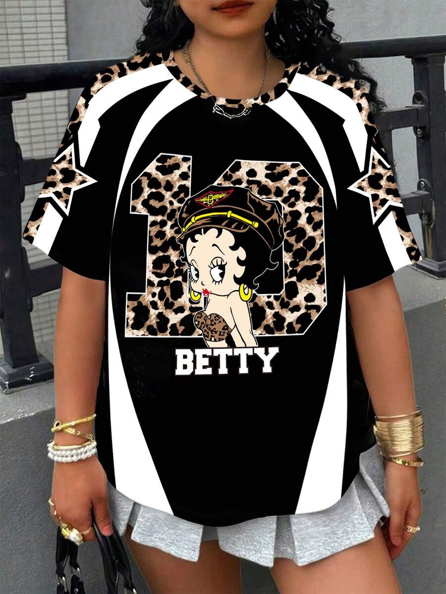 Betty Boop x SHEIN Plus Size Summer Casual Patchwork Leopard Print Cartoon Pattern Round Neck Short Sleeve T-Shirt