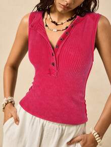 Easelle 休闲复古罗纹无袖红色女式T恤 - 紅色 - 查看 5