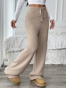 Xyvia Women's Loose Drawstring Sweatpants, Ribbed Knit Casual Home Pants With Thermal Lining, Autumn/Winter - Khaki - View 7