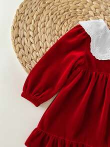 Newborn Baby Girl Cute & Elegant Red Peter Pan Collar Long Sleeve Dress Valentine's Day - Multicolor - View 6