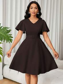 Lunelith SHEIN Lunessa Women's Solid Color V-Neck Elegant Ruffle Sleeve Waist Cinched Mini Dress, Suitable For Party And Vacation - Coffee Brown - View 4