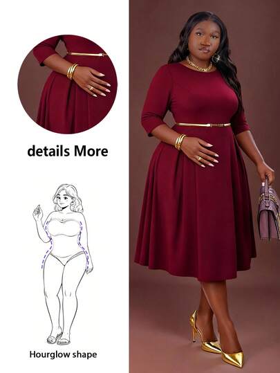 CurvyTilda 2025 New  Plus Size Women's Elegant Summer And Winter Elegant Burgundy Knitted Round Neck Flowy Long Sleeve Plus Size Dresses Masquerade Ball Dress Dark Red Long Sleeve Dress Valentines Clothes,Valentine's Day For Valentine's Day, For Hourglass Body Shape