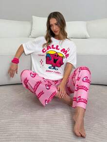Mr Men Little Miss X SHEIN Cartoon Print Short Sleeve Top And Letter Graphic Long Pants Lounge Set - Multicolor - View 3