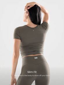 GLOWMODE FeatherFit™ Focus Drawstring Pleated Short Sleeve Tee Light Support Low Impact Yoga Pilates Studio Gym Summer - Volcanic Gray - View 2