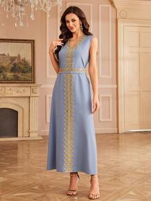 Al Najma 两件套：缀饰外套和长款连衣裙，土耳其风格女式长袍 - 霧霾藍 - 查看 4