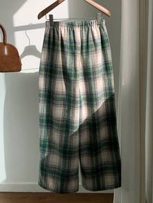 Comfortcana Quần ống rộng dáng suông thoải mái, chất liệu vải kẻ caro, cạp chun, dành cho nữ. - màu xanh lá - Xem 5
