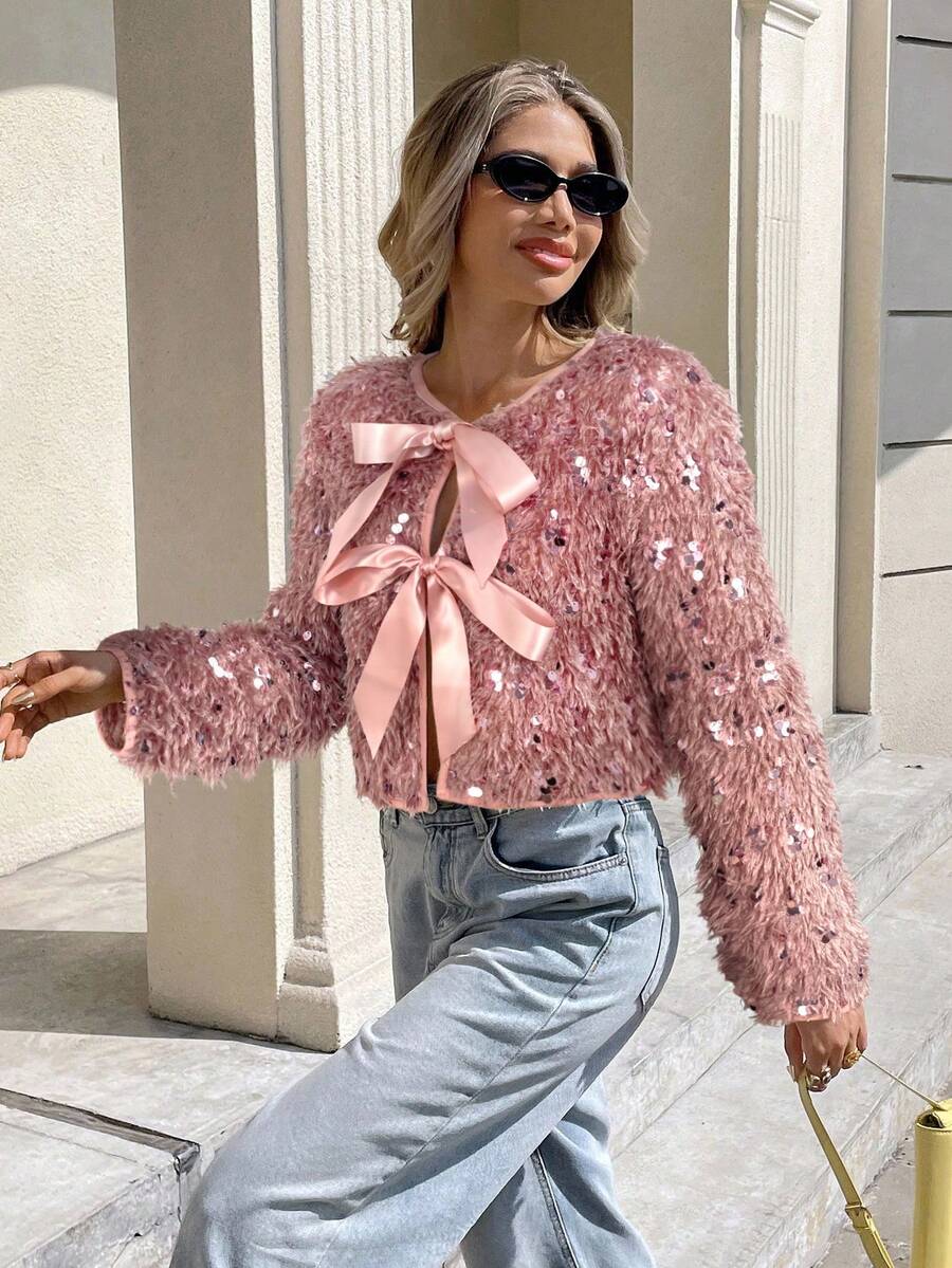 Serisse Fashionable Commuter Jacket With Sequins Decor And Drawstring Hem Casual Spring Pink - Dusty Pink - View 1