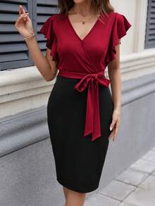 Editum Women'S Contrast Color Belted Dress With Ruffled Sleevesred Dress Women Spring Summer Elegant Valentine's Day  Red Party Wedding  Formal - Red and Black - View 6