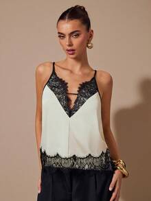 SHEIN BAE Áo hai dây satin cổ chữ V phối đen trắng, thích hợp cho tiệc tùng, tiệc cocktail, sinh nhật, phù dâu, khách dự đám cưới, tiệc brunch, áo không tay thanh lịch. - Màu be - Xem 4