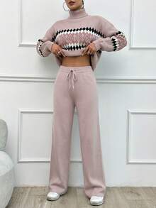 SHEIN Tall Women's Geometric Pattern High Neck Sweater 2pcs/Set, Tall Women - Dusty Pink - View 3
