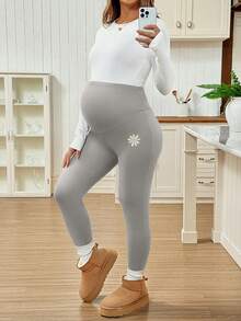 SHEIN 孕婦休閒冬季內搭褲，出院穿著孕婦褲，蝴蝶刺繡保暖內裡，灰色 - 灰色 - 查看 5