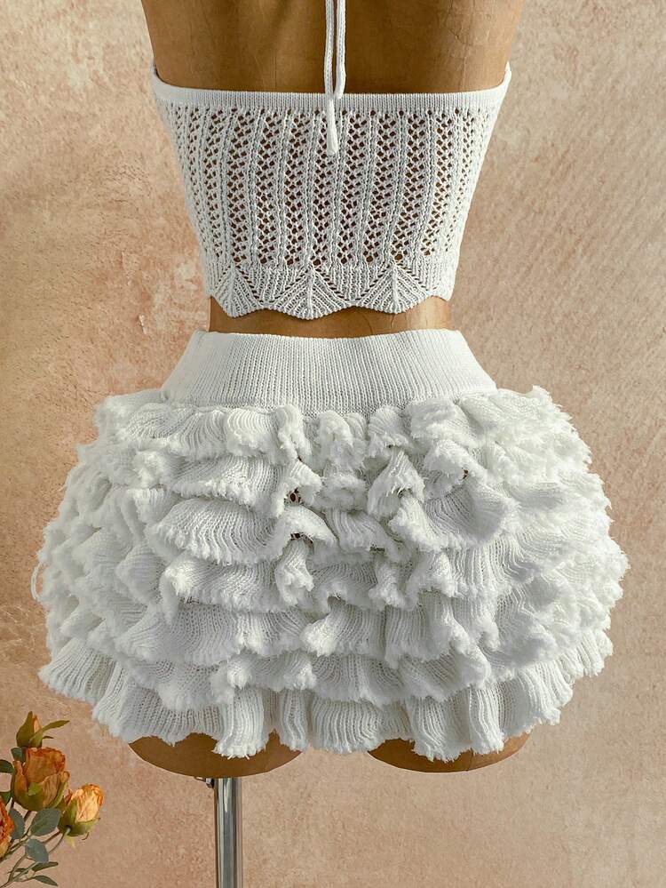 Conjunto de 2 peças Soleia para Férias: Top de Alça Trançada de Malha e Vestido Mini com Babados Sobrepostos, Adequado para Praia, Beira-mar, Férias Românticas, Encontros Sexy, Férias na Praia, Encontros em Feriados, Chá da Tarde, Temporada de Casamentos, Festa, Férias de Cruzeiro à Beira-mar, Férias na Cidade, Férias Boho, Festival de Música, Hippie, Estilo Ocidental - Branco - Visão 6