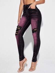 SHEIN ICON 大码女式高腰口袋做旧修身休闲百搭牛仔裤 - 紫色 - 查看 4