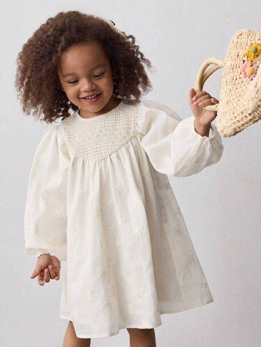 Maija Kids 女童编织拼接刺绣圆领宽松休闲长袖连衣裙 - 杏色 - 查看 1