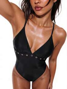 Swim SXY 1 pièce Maillot de bain femme et sexy, dos nu, couleur unie. Ensemble d'été pour femmes. Tenue de plage pour le Nouvel An 2026. Tenues de plage élégantes pour femmes. Blouses casual pour femmes avec sequins et imprimés graphiques. Blanc, rouge, noir, rose. Maillot de bain avec anneau métallique et découpes fonctionnelles. Maillot de bain une pièce sexy, élégant et , avec encolure en V, bretelles ajustables. Maillot de bain une pièce noir affinant. Maillot de bain une pièce sexy. Maillot de bain une pièce pour femmes. Maillot de bain une pièce noir pour femmes avec découpes. - Noir - Voir 3