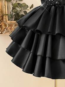 Lovelzi Elegant Pink Sequin Fabric Satin Patchwork 3D Floral Decor Bodycon Short Skirt, Party Dress,Wedding Guest Cocktail Single Ball Gown Banquet - Black - View 4