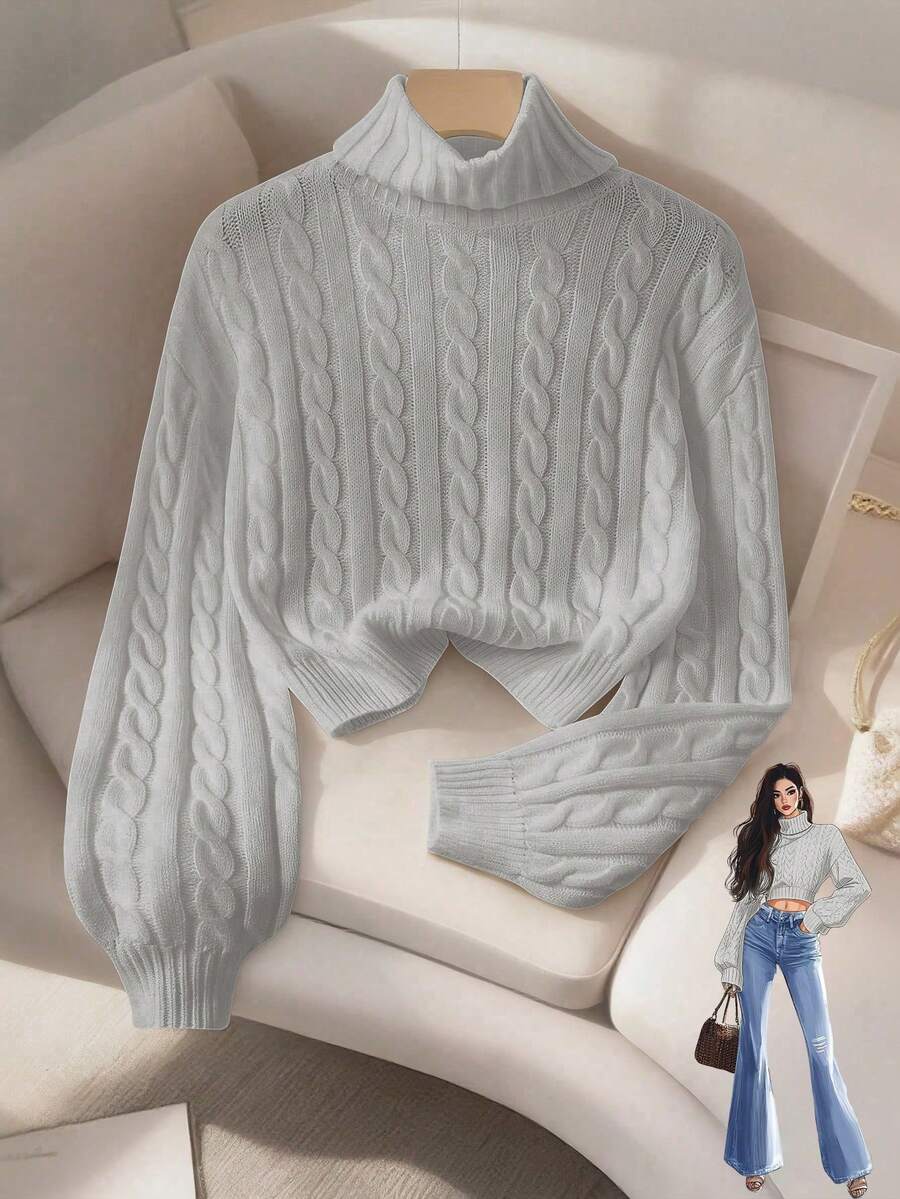 SHEIN Franclia 女士休闲时尚简约百搭通勤修身翻领灯笼袖扭结针织毛衣,秋冬款 - 灰色 - 查看 1