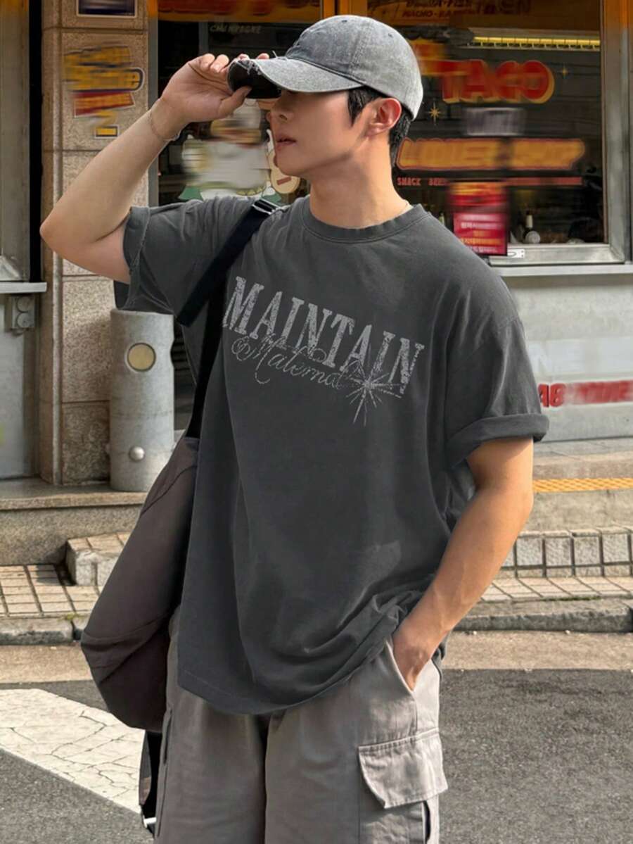 DAZY Men's Letter Print Grey Round Neck T-Shirt, Summer - Grey - View 1