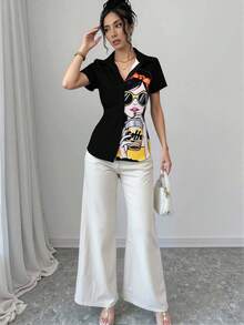 Selianne 印花立體人像鈕扣襯衫 - 黑色 - 查看 4