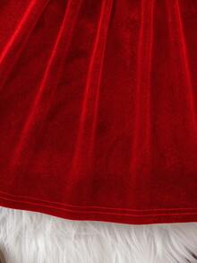 SHEIN Elegant Velvet Green Ruffle Trim Long Sleeve Dress Valentine's Day - Red - View 4