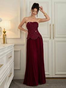 Poshira Women's Elegant Pearl Decor Strapless Formal Evening Gown Burgundy Formal Dress Maroon Formal Dress Wine Red Dress Elegant Evening Dress Strapless Formal Dress Valentines Dress Elegant Dress Sequin Dress Pink Red Dress Floral Dress Carnival  Graduation Ceremony, School Opening, Music Festival, Birthday Party, Wedding, Afternoon Tea Gathering, Ball - Burgundy - View 4