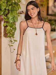 Lullawish 女士波西米亚风休闲宽松撞色吊带露背抽绳镂空编织连衣裙，居家休闲装 - 杏色 - 查看 4