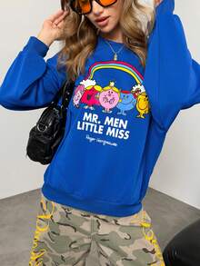 Mr Men Little Miss X SHEIN Women's Casual Cute Cartoon Rainbow & Letter Graphic Crew Neck Sweatshirt, Autumn - Blue - View 4