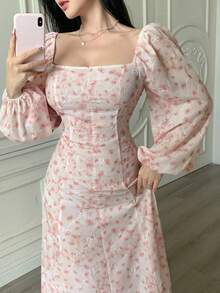 Modelyn Fashionable, Romantic & Elegant Gold Foil Floral Print Pink Women Dress - Baby Pink - View 2
