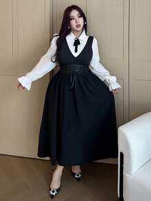 Vibekara Plus Size Women's Collared Half-Placket Shirt Collar 2 In 1 Contrast Color Button Bow Elegant Retro Collegiate Outdoor Casual Mid-Length A-Line Dress, Spring/Summer - Black - View 7