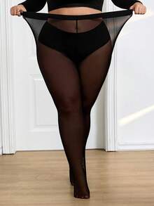 SHEIN CURVE+ Quần legging bó sát mỏng nhẹ cỡ lớn, quà tặng Valentine, gợi cảm, phong cách Y2K, thời trang, tiệc tùng, lễ hội âm nhạc. - màu đen - Xem 5